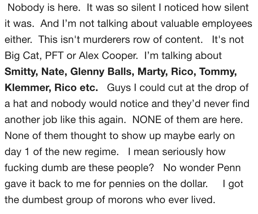 oneunderscore__'s tweet photo. Barstool Sports' owner is upset at his employees Smitty, Nate, Glenny Balls, Marty, Rico, Tommy, Klemmer, Rico (listed twice, or maybe a second Rico) for not showing up to work on time this morning. https://t.co/sGR40nYL6o