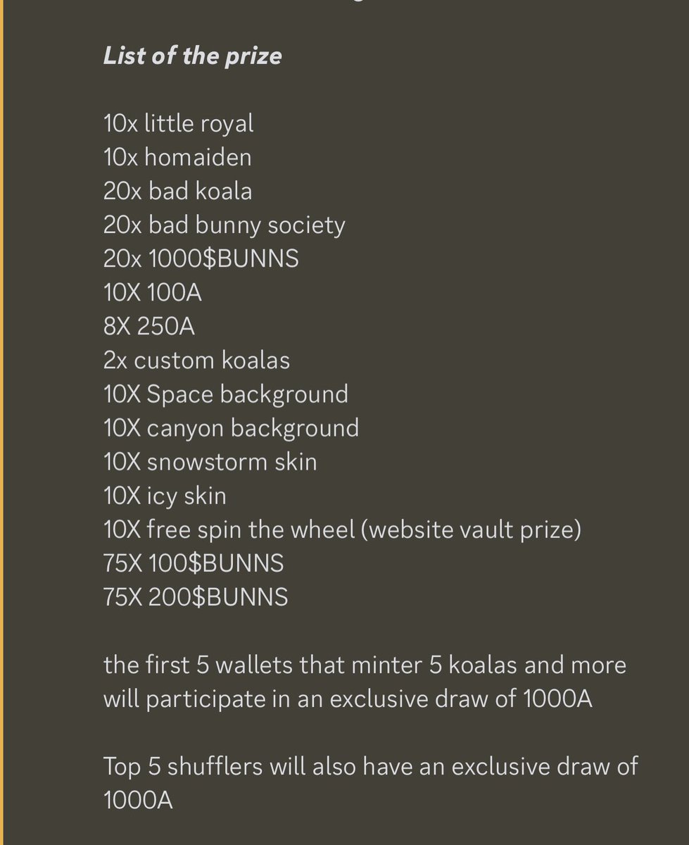 3rd public shuffle is tonight

Price: 45A

Supply 300 pieces only 

Join our discord for more information😀

Here is the prize list for this shuffle 🎉