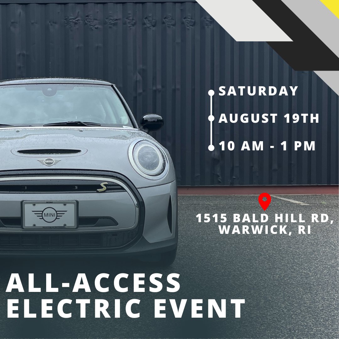 MINI_Warwick's tweet image. Mark your calendar for our All-Access Electric Event on Saturday, August 19th, from 10 am – 1 pm! This is your chance to test-drive and learn about our MINI EV lineup. Click the link to learn more and RSVP! bit.ly/47jBilb #MINIEV #MINIOfWarwick
