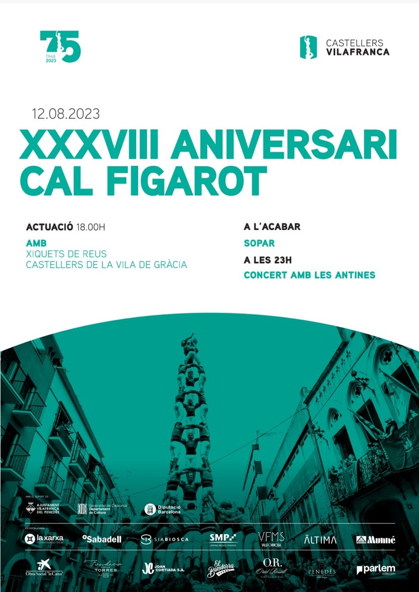 Aquest dissabte us esperem a l'Aniversari de Cal Figarot!

➡️A les 18h, actuació amb <a href="/xiquets/">Xiquets de Reus</a> i <a href="/cvg_cat/">Castellers de la Vila de Gràcia</a>.

➡️ A les 23h, concert amb <a href="/LesAntines_/">Les Antines</a>! 

#castellers #castells #mésverdsquemai #75verds
