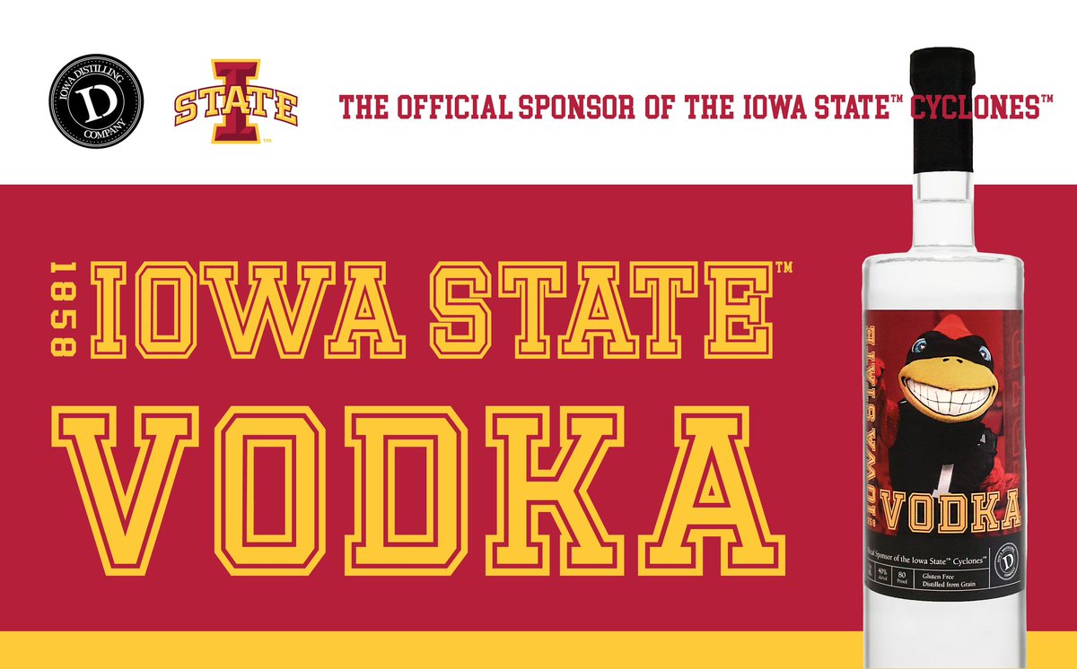 IowaDistilling's tweet image. Introducing Iowa StateTM 1858 vodka, a handcrafted and easily enjoyed spirit that is officially licensed by Iowa State TM Cyclones TM and bottled locally at Iowa Distilling Company.

A portion of the proceeds will be going to ISUTM Athletics and We Will Collective.