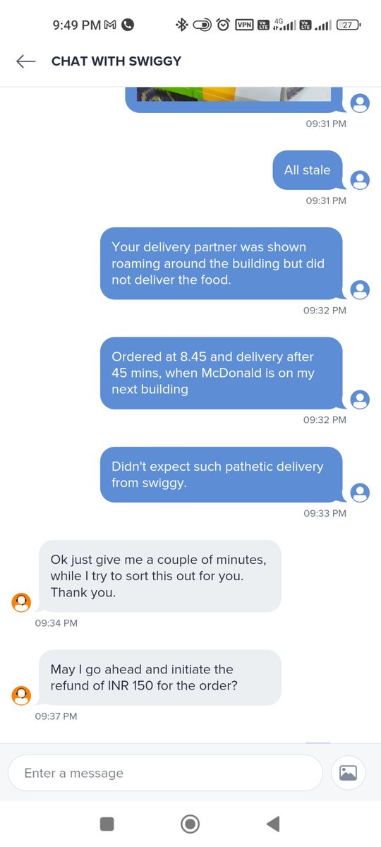 ilogical_Indian's tweet photo. @SwiggyCares 
Pathetic delivery service, order at 8.45 and delivery at 9.27, when McDonald is at 2 mins walk distance.
Delivery guy was jus roaming around and didn't even called. On help ur cust care person make fun by offering 150 cash back and wants to eat stale food. https://t.co/wSMmGEo1Wt