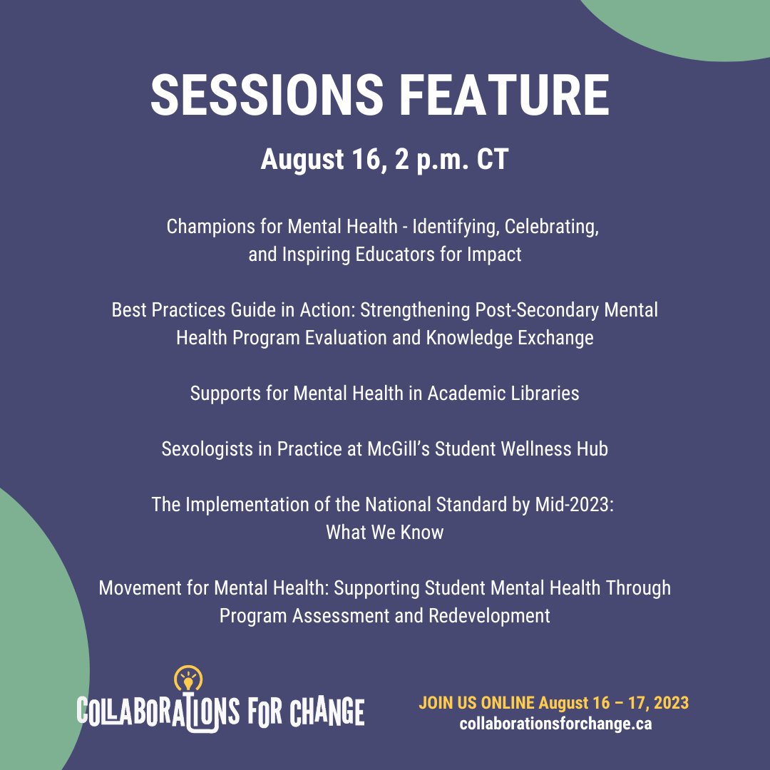We’re sharing even more of what to expect at #C4C2023 next week. Day 1’s concurrent sessions at 2 pm CT feature extensive educational programming. Visit collaborationsforchange.ca
 #PostSecondary #MentalHealth #VirtualEvent #CreateChange #academia #collegecampus #campuslife