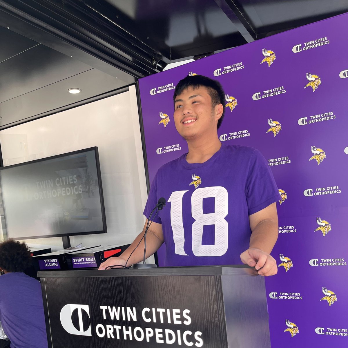 twincitiesortho's tweet photo. Step up to the podium and into the spotlight at @vikings Training Camp!

Our fan press conference is your chance to share your season predictions and hot takes. Stop by our activation, and we’ll record your media moment so you can share it on your social channels. #ReadySetSend https://t.co/nYz92tnzfE