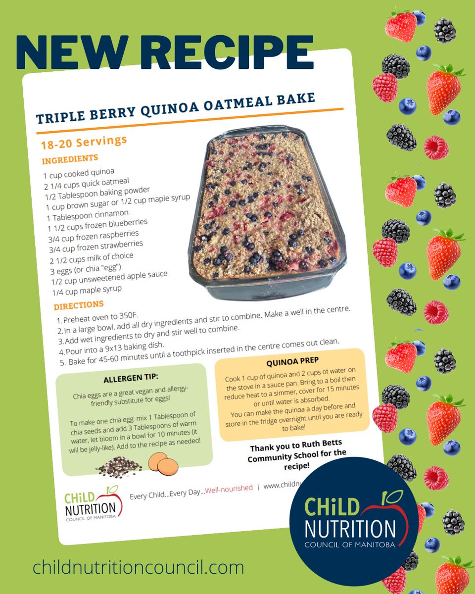 Celebrate the rest of summer with this berry delicious triple berry quinoa oatmeal bake! 🍓 Thank you to Ruth Betts Community School for sharing this student-approved recipe! To find the full recipe, please visit our website childnutritioncouncil.com/recipes