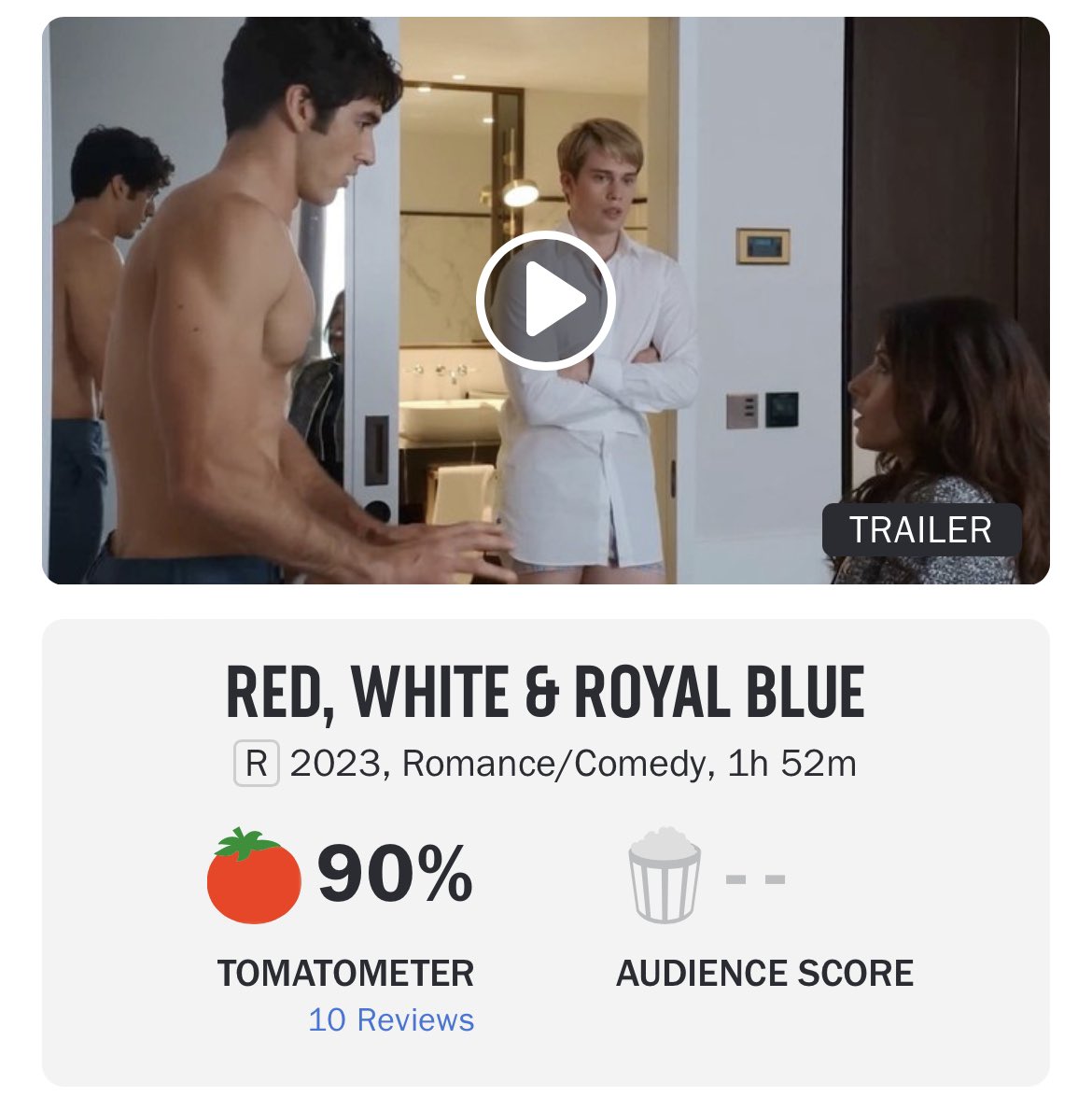 ‘RED, WHITE &amp; ROYAL BLUE’ debuts with 90% on Rotten Tomatoes.