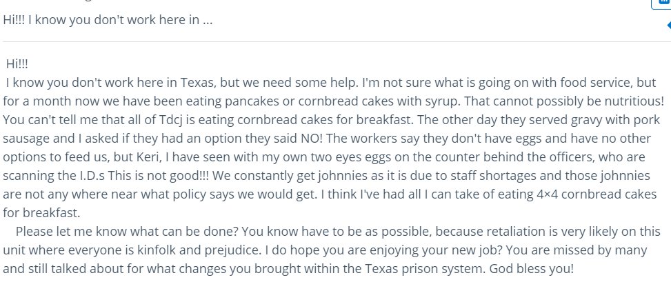In case anyone is wondering, Texas prison food in <a href="/TDCJ/">TDCJ</a> is still garbage. "For a month now we have been eating pancakes or cornbread cakes with syrup."

(Any Texas reporters interested in covering this please get at me, I'll connect you to the woman who wrote this.)