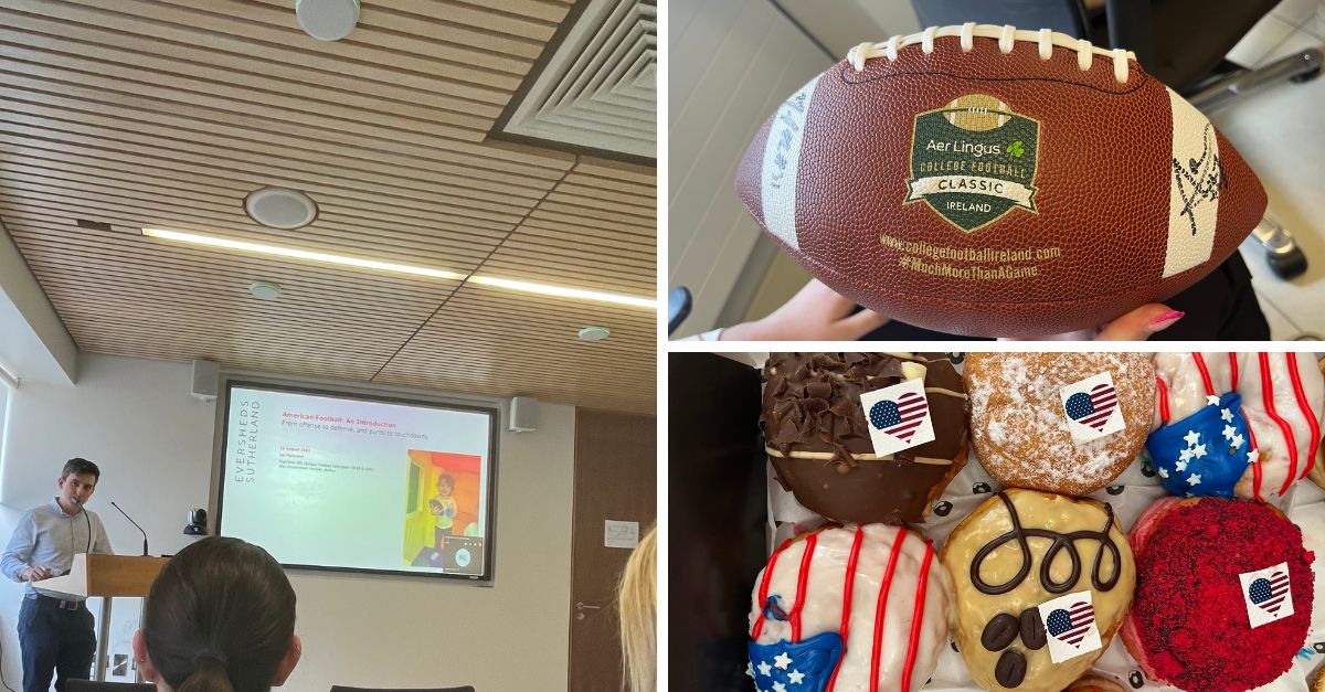 We were delighted to welcome Ian McFarland from our Belfast office to Dublin to discuss the background, tactics, and spirit of American Football with the team. As exclusive legal partner of the @cfbireland, we are fully in the spirit of the game which touches down in 16 days!