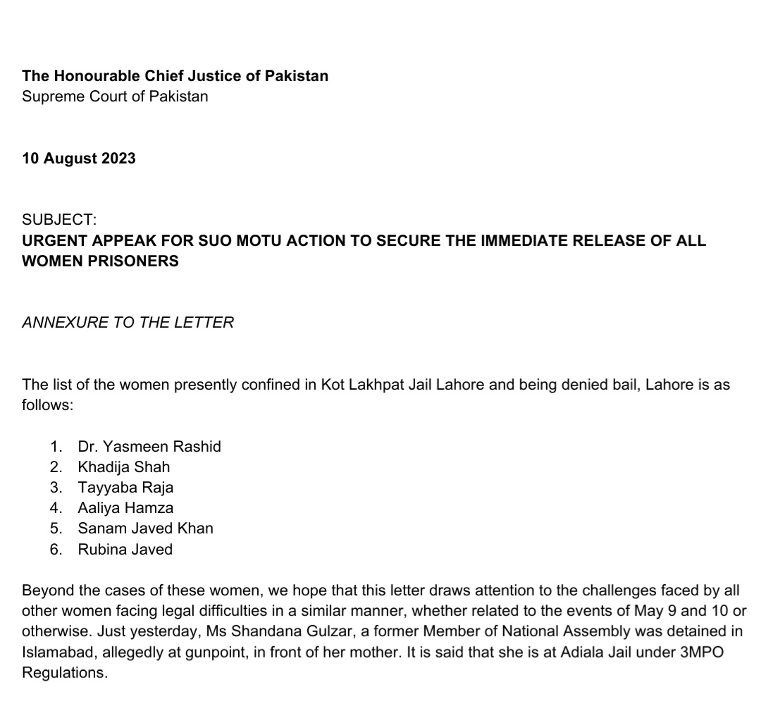 ambreenqureshi's tweet photo. 📢 Open Letter to CJ Pakistan:  Please take Suo Motu action on issue of women politicians &amp; activists detained for 90 + days. 
Civil society urges CJP to take notice. Bails pending in High Courts being delayed &amp; access to justice is being denied.
 #ReleaseWomenPrisoners https://t.co/Sfp6Tc79M6