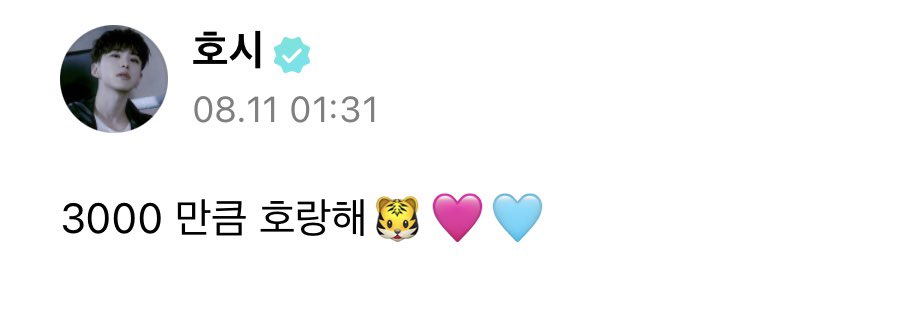 [#HOSHI🌟 Weverse]
230811 -01:31 KST-

➸ Horanghae 3000🐯🩷🩵

t/n: Today is SEVENTEEN's 3000th day since debut

#호시 #SEVENTEEN #세븐틴 <a href="/pledis_17/">세븐틴(SEVENTEEN)</a>