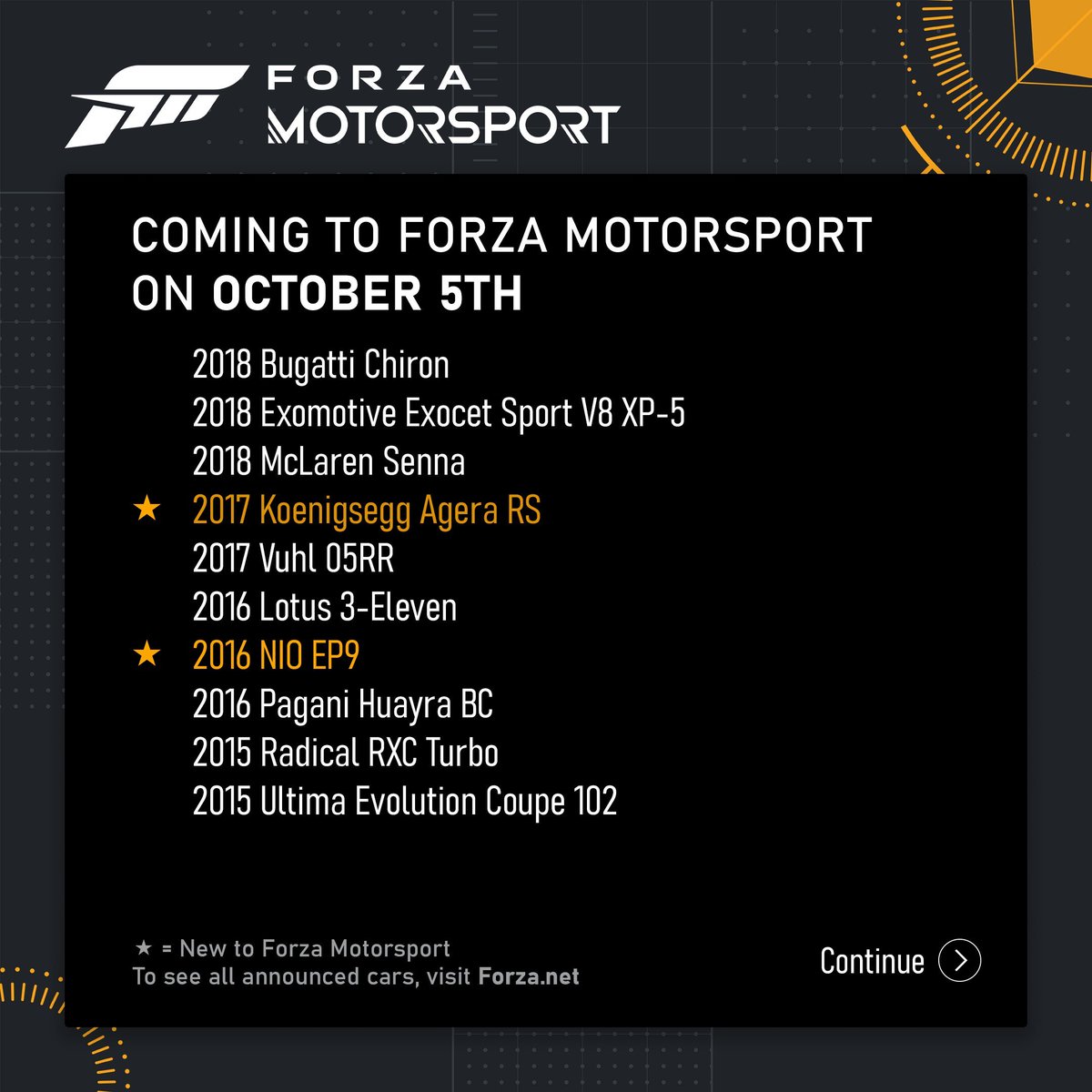 _XboxNews's tweet photo. Breaking:

Official #ForzaMotorsport launch vehicle list, the game launches October 10th,
Day 1 on #XboxGamePass.

Which one are you choosing first? 🤔 https://t.co/DdXZkhpssg
