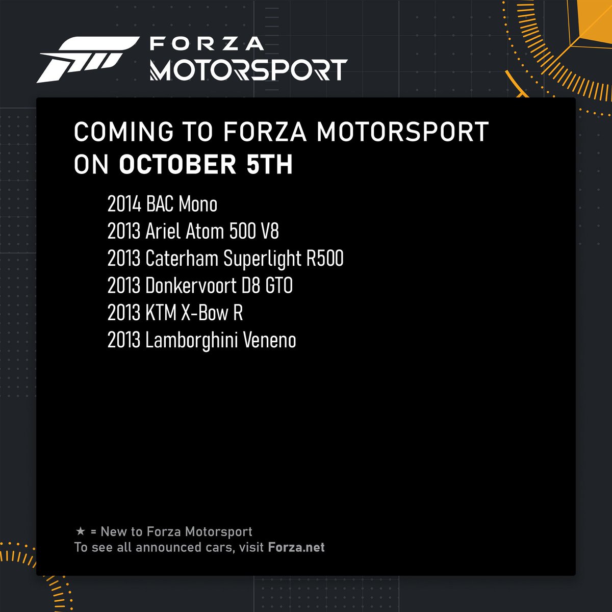 _XboxNews's tweet photo. Breaking:

Official #ForzaMotorsport launch vehicle list, the game launches October 10th,
Day 1 on #XboxGamePass.

Which one are you choosing first? 🤔 https://t.co/DdXZkhpssg