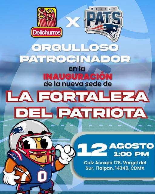 delichurrosmx's tweet photo. ¡#GoPATS!🏈🇺🇸🎉
Es un HONOR anunciar nuestro patrocinio en la #INAUGURACIÓN de la nueva #FortalezaPatriota💪🇺🇸de los increíbles Pats México este sábado 12 de agosto a la 1:00pm en Colegio México Acoxpa Oficial.
¡Nos vemos allá el día sábado para anotar un #Touchdown de sabor!🏈😋 https://t.co/JFkriHhngn