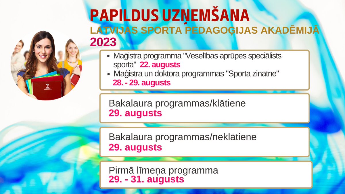 LSPA_lv's tweet photo. PAPILDUS UZŅEMŠANA! Lūdzam RT 🫶
Meklē budžeta vietas studijām? Tās vēl ir LSPA papildus uzņemšanā, kas notiks augusta beigās.
✔️No 22.-31.08. papildus uzņemšanas VISĀS studiju programmās.
PAR IESTĀŠANOS Akadēmijā: https://t.co/DpgLBtvw2H 
#lspa #sports #izglītība #nācstudēt #VAM https://t.co/YvEDQCyxCo