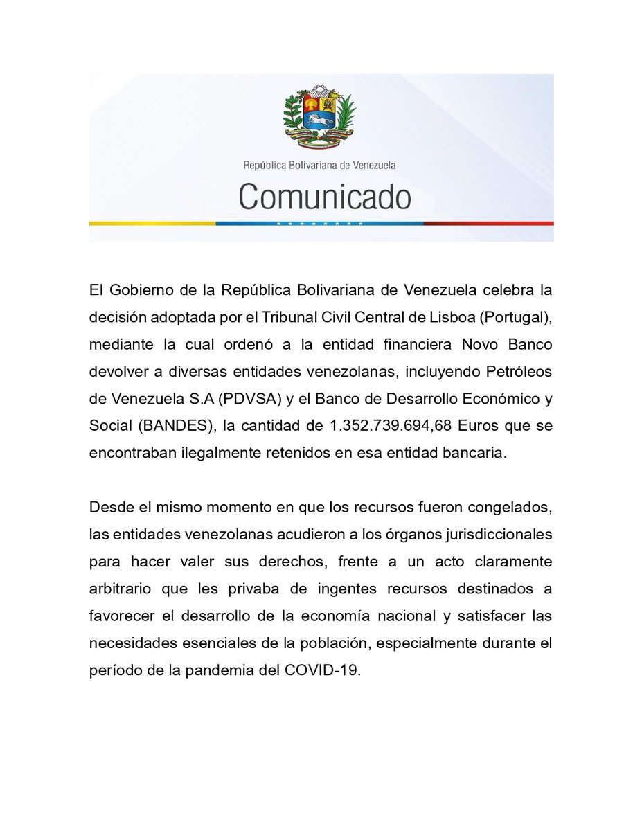 yvangil's tweet photo. El Gobierno Bolivariano celebra la victoria de nuestro pueblo en el juicio contra Novo Banco. Esta es una batalla ganada entre muchas otras que estamos peleando por la recuperación de todos nuestros recursos secuestrados por el imperialismo estadounidense y sus lacayos. https://t.co/sHlzhHW5xg