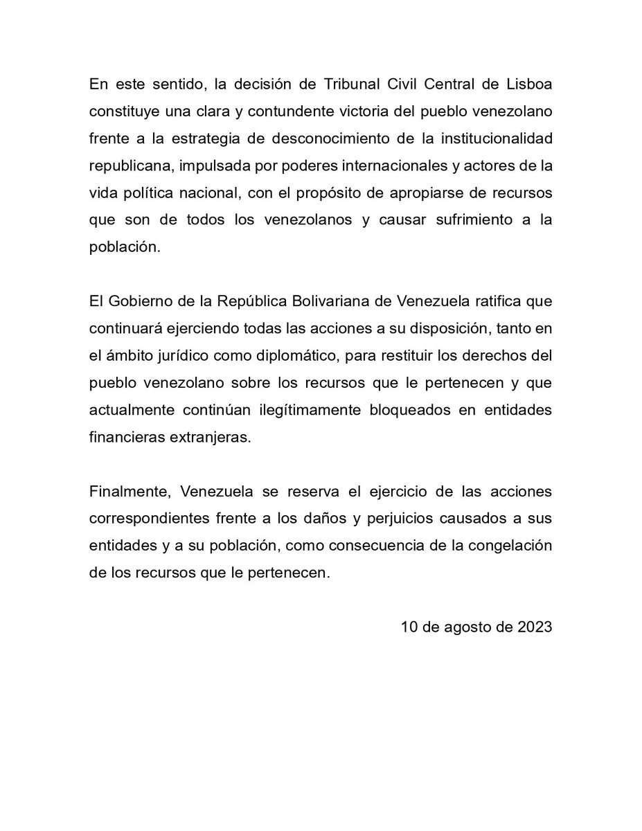 El Gobierno Bolivariano celebra la victoria de nuestro pueblo en el juicio contra Novo Banco. Esta es una batalla ganada entre muchas otras que estamos peleando por la recuperación de todos nuestros recursos secuestrados por el imperialismo estadounidense y sus lacayos.