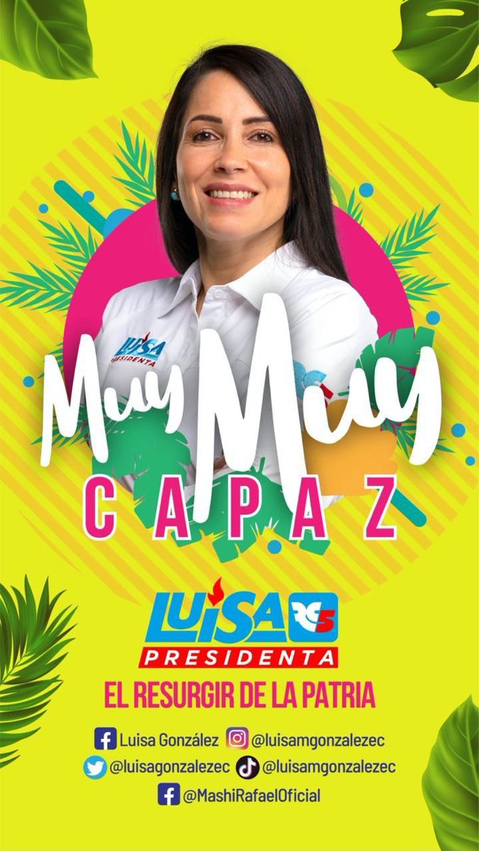Mashipresidente's tweet photo. El #EcuadorMuyMuy cerca del #ResurgirDeLaPatria con nuestra futura presidenta.

Vuelven los tiempos de gloria, este 20 de agosto todo 🖐🏼🗳️.

@LuisaGonzalezEc @LuisaPresidenta https://t.co/Vg4RiPjB6m