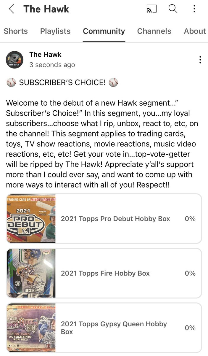 My first “Subscriber’s Choice” #poll is up on my #YouTube! Please subscribe here: youtube.com/@thehawk177, go to the Community section, get your vote in! Winning box will be ripped on the channel! Salud! #sportscards #thehobby #whodoyoucollect #topps #mlb #baseball #hobbyboxes