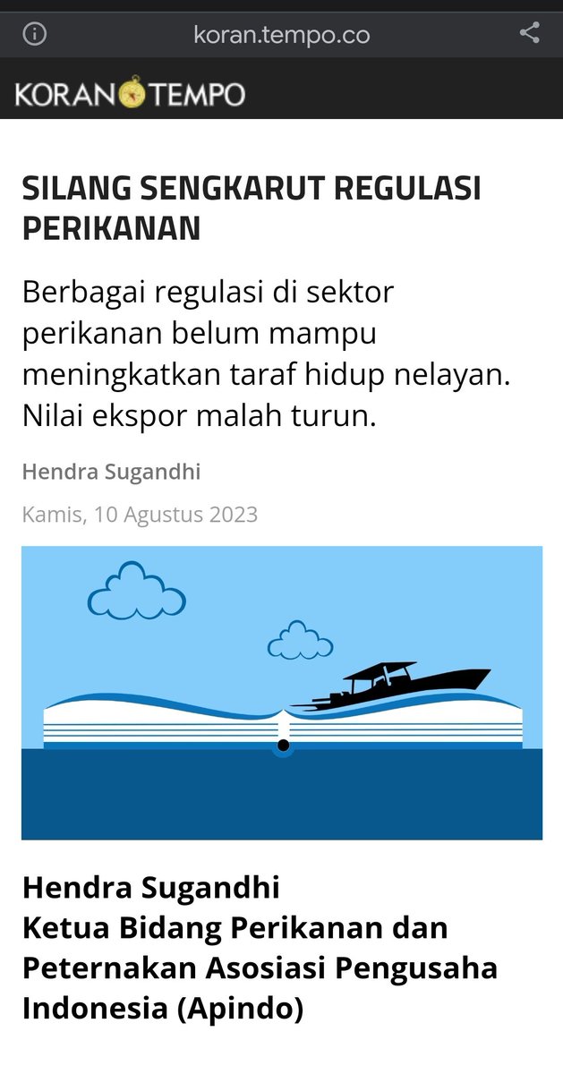 Artikel saya yg diterbitkan Koran Tempo, Kamis, 10 Agustus 2023 #SilangSengkarutRegulasiPerikanan
Silahkan disimak semoga bermanfaat
<a href="/jokowi/">Joko Widodo</a> <a href="/KemensetnegRI/">Sekretariat Negara</a> @kemenkomarves <a href="/PerekonomianRI/">Kemenko Perekonomian RI</a> <a href="/saktitrenggono/">Sakti Wahyu Trenggono</a>