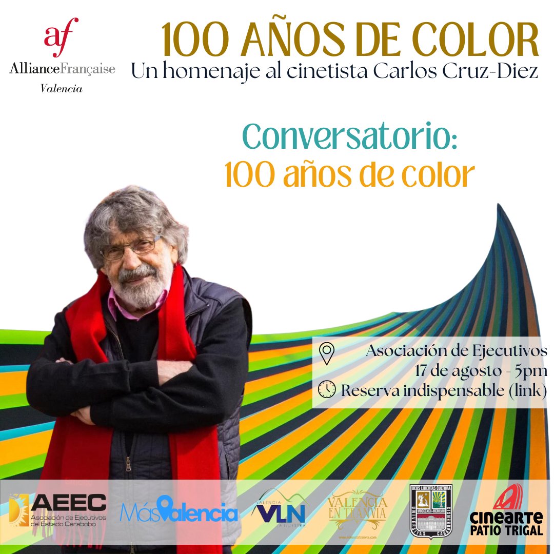 🟡 17 de agosto:

Conversatorio "Cien Años de Color".

Lugar: Asociación de Ejecutivos del Estado Carabobo. 5:00 p. m. 

Para participar en esta actividad, visita el siguiente enlace:  forms.gle/9sw2sQRXnvezqV…