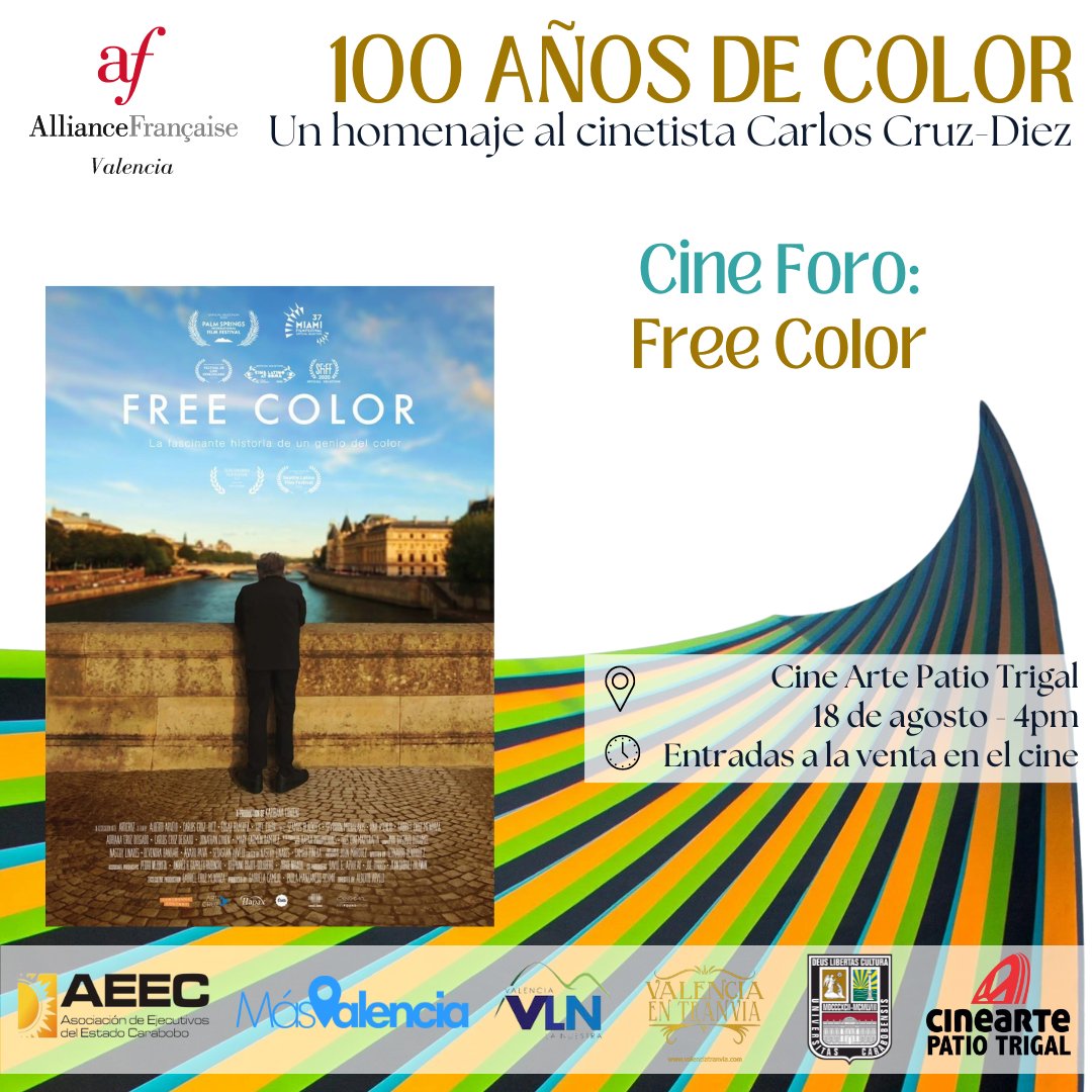 🟢 18 de agosto:

Cine foro "Free Color"

Lugar: Cine Arte Patio Trigal. 4:00 p. m

Entradas a la venta en el cine.

<a href="/embafrancia/">Francia en Venezuela 🇫🇷🇻🇪</a> <a href="/VALENCIA_AF/">Alianza Francesa de Valencia</a>
<a href="/aeecoficial/">Asociación de Ejecutivos del estado Carabobo</a> <a href="/VLN_Valencia/">Valencia La Nuestra</a> <a href="/masvalenciaentw/">Más Valencia</a> <a href="/UCarabobo/">Universidad de Carabobo</a>
<a href="/cineartepatio/">CineArtePatioTrigal</a> <a href="/ValenciaTranvia/">VALENCIA EN TRANVÍA 🚞</a>

#carloscruzdiez #valencia #carabobo