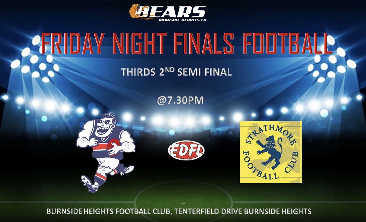 Burnside Heights FC (@burnsidehfc) on Twitter photo The Bears are hosting <a href="/EDFLfooty/">EDFL</a> Senior Thirds Finals tonight as <a href="/KeilorFC/">Keilor Football Club</a> take on <a href="/Strathmore_FC/">Strathmore FC</a>
Head on down for a great night of footy and enjoy some Bears hospitality. Canteen, Bar and Ernie’s famous BBQ all open 😋 The Bears are hosting <a href="/EDFLfooty/">EDFL</a> Senior Thirds Finals tonight as <a href="/KeilorFC/">Keilor Football Club</a> take on <a href="/Strathmore_FC/">Strathmore FC</a>
Head on down for a great night of footy and enjoy some Bears hospitality. Canteen, Bar and Ernie’s famous BBQ all open 😋