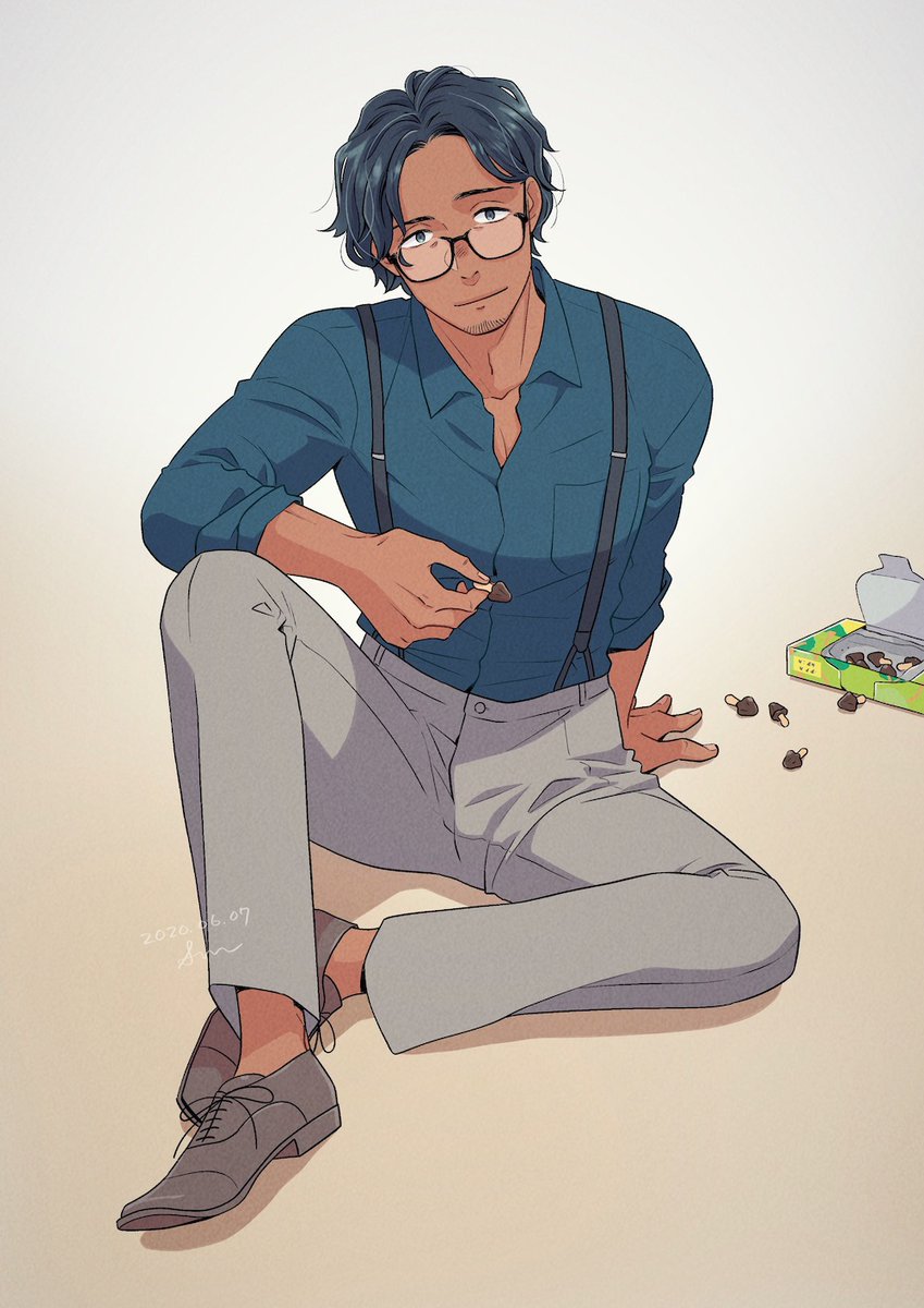 1boy male focus suspenders solo shirt glasses pants  illustration images