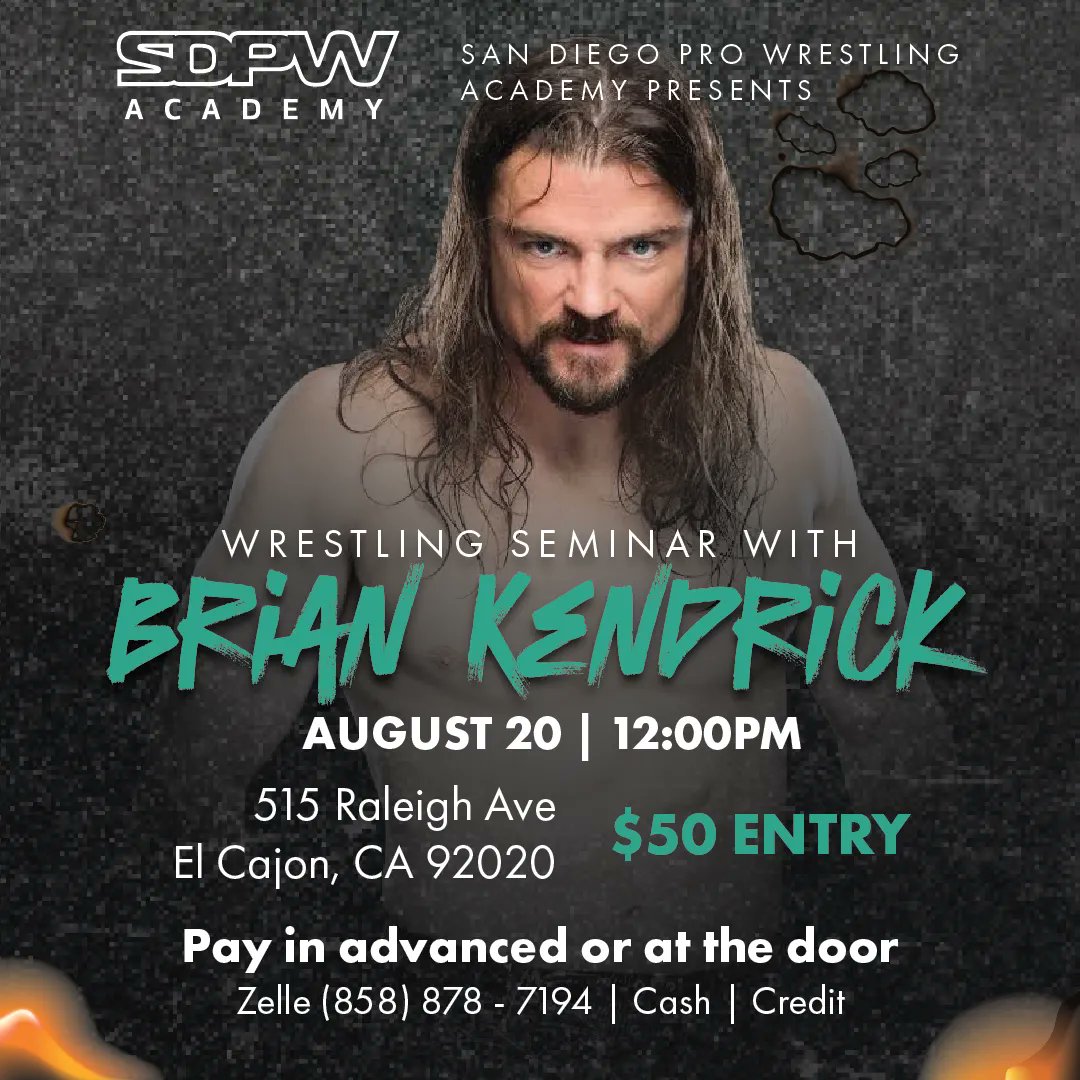 sdprowrestling's tweet photo. San Diego Pro Wrestling Academy presents a wrestling seminar with BRIAN KENDRICK
Open to all in-training or active pro wrestlers!
$50 entry
Sunday, August 20th @ 12pm
#SDPWA #SDPro https://t.co/MD44Z3zivG