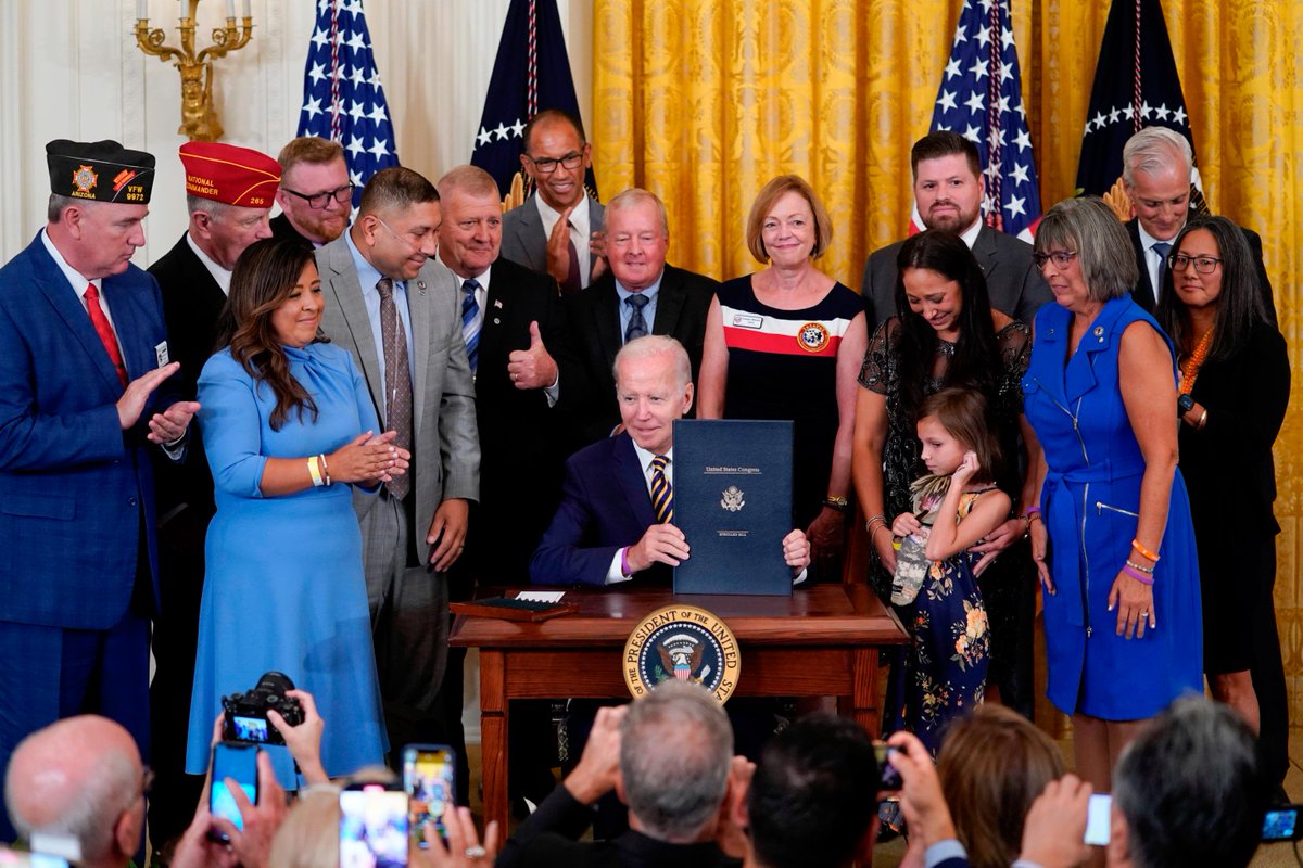 One year ago, @POTUS signed the #PACTAct into law, expanding healthcare and benefits for countless veterans and their families harmed by toxic exposure. 

Since then, over 300k veterans have been granted benefits. For more information, visit VA.gov/PACT.
