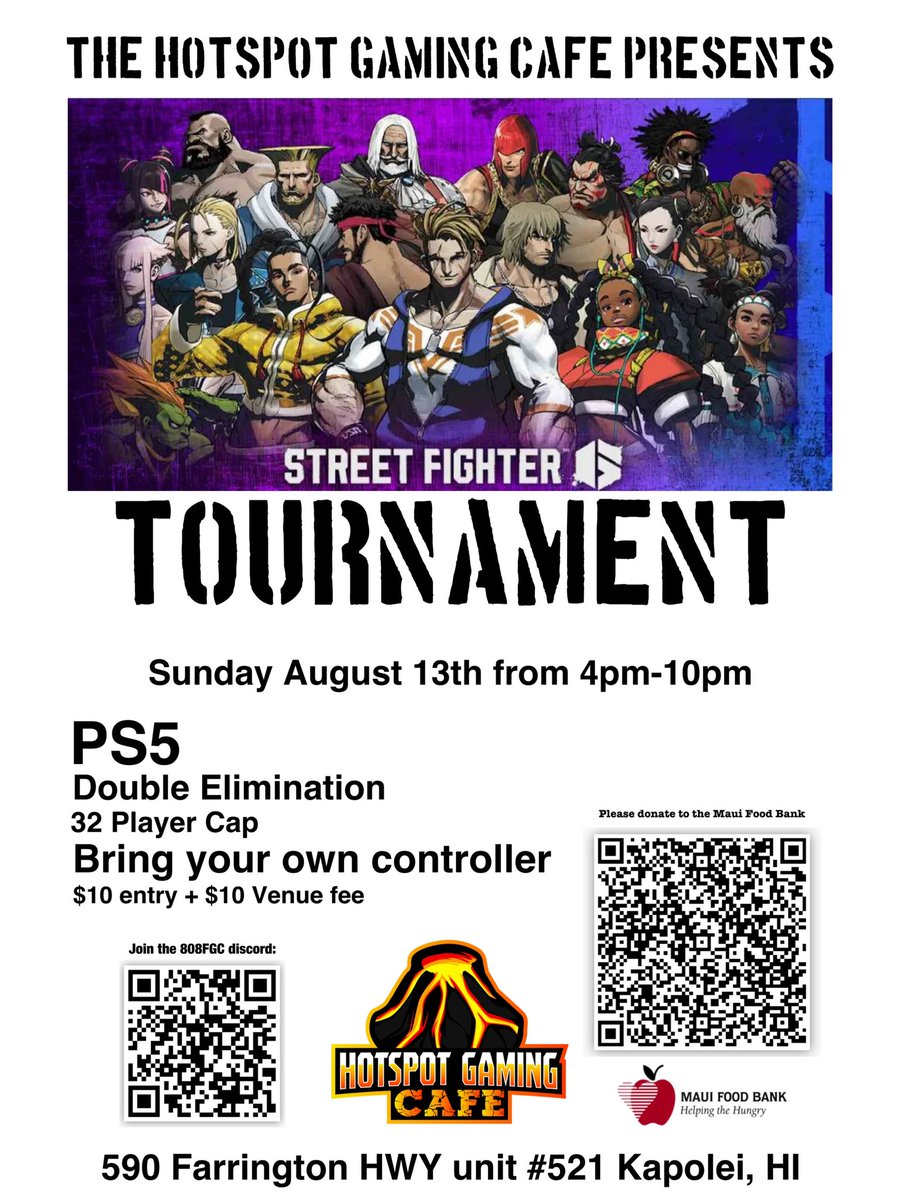Upcoming tournament at Hotspot Gaming Cafe in Kapolei. This Sunday, from 4pm-10pm! #808fgc #streetfighter6 <a href="/HSGamingCafe/">The Hotspot</a>