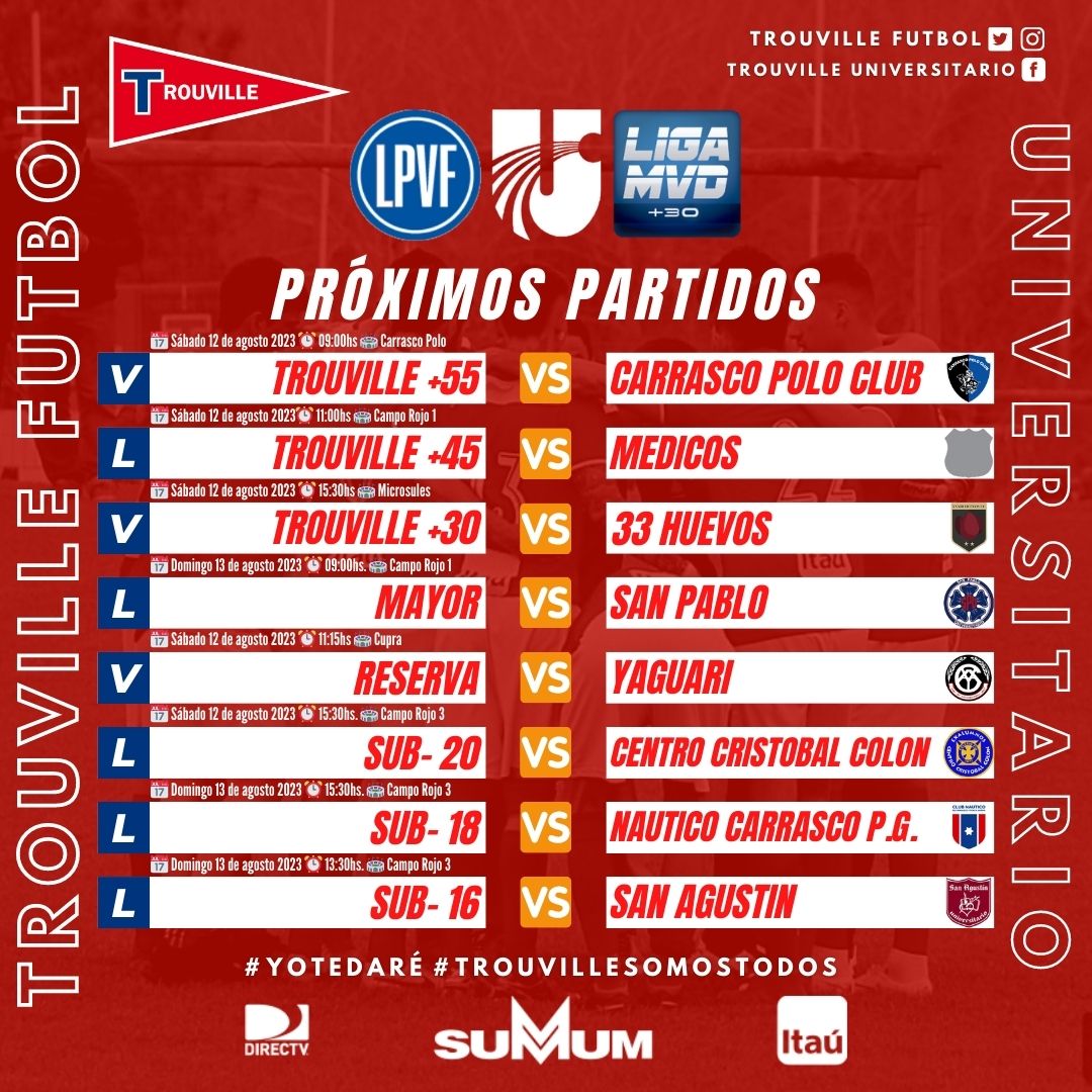 🔺️Fútbol ⚽️‼
Compartimos Actividad fijada para sábado 5 y domingo 6 de agosto en las categorías de <a href="/LUD_Oficial/">Liga Universitaria de Deportes</a>  <a href="/LPVFinfo/">LPVF</a> y <a href="/Ligamvdmas/">Liga MVD+</a>
.
#VamosLaRoja🔴⚽️
<a href="/ClubTrouvilleUY/">Club Trouville</a>
<a href="/CampoRojoUY/">Campo Rojo - Club Trouville</a>
<a href="/SummumUY/">SUMMUM</a>