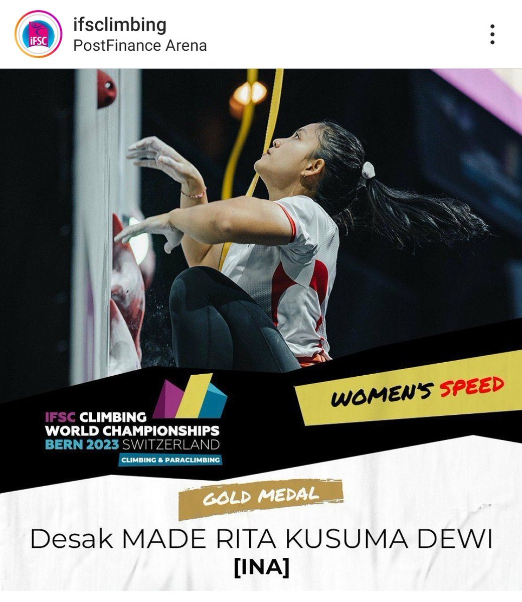 ainurohman's tweet photo. BREAKING! 

PRESTASI BESAR, KEJUTAN MENGGEMBIRAKAN!

Speed climber Indonesia Desak Made Rita Kusuma Dewi adalah JUARA DUNIA 2023.

Di final, Rita mencatat waktu 6,49 detik utk mengalahkan Emma Hunt (USA). Dengan hasil ini, Rita memastikan satu tiket ke Olimpiade Paris 2024! 

Rita adalah orang Indonesia kedua setelah Arif Dwi Pangestu (panahan) yg lolos langsung ke Paris 2024.

Dahsyat!