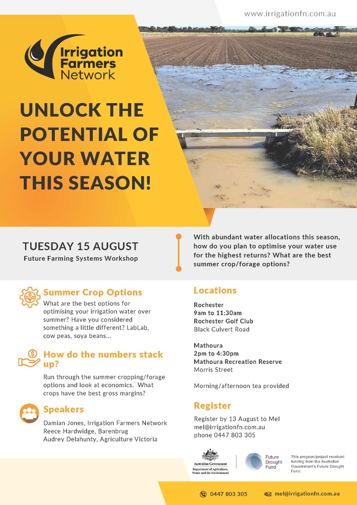 Register now for one of these free workshops to learn what crop/forage crops have the best gross margins. Make the most of your water allocation  
#SNSWInnovationHub 
#FutureDroughtFund 
#drought, #AusGov #AusAg @SouthernNSWHub
@DeptAgNews