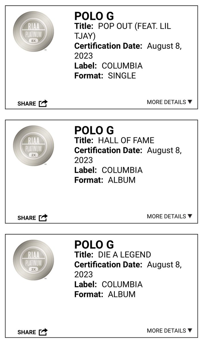 ffspolo's tweet photo. 🚨NEW POLO G CERTIFICATIONS🚨

8x Platinum:
💿 Pop Out ft. Lil Tjay

2x Platinum: 
💿 Hall of Fame 
💿 Die a legend https://t.co/AD8KpipVfa