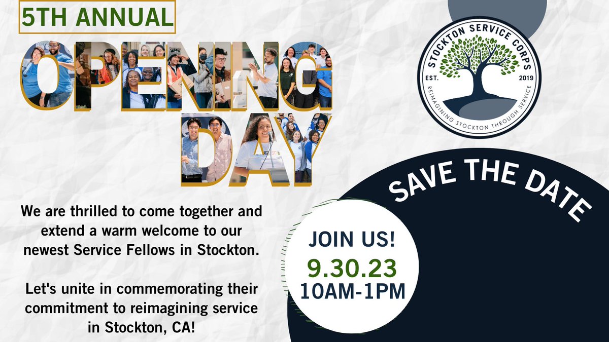 SAVE THE DATE FOR OUR 5TH ANNUAL OPENING DAY 🗓️ 9.30.2023

We are thrilled to come together and warmly welcome our newest Service Fellows in Stockton.
 
Let's unite in commemorating their commitment to reimagining service in Stockton, CA!