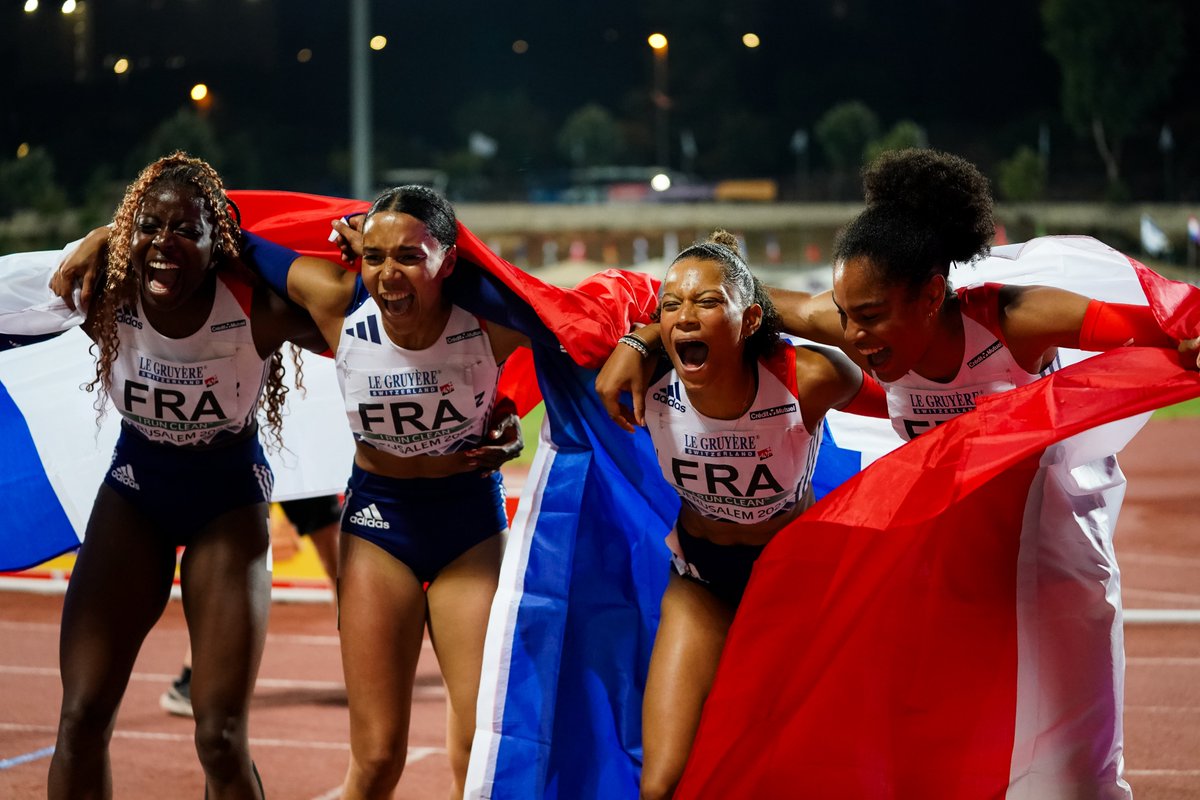 🥇 𝗖𝗛𝗔𝗠𝗣𝗜𝗢𝗡𝗡𝗘𝗦 𝗗'𝗘𝗨𝗥𝗢𝗣𝗘 𝗨𝟮𝟬 !

🇫🇷 Le relais 4x400 m 🚺 (Alexe Déau, Meta Tumba, Maëlle Maynier, Benedetta Kouakou) a remporté la finale en 3’33’’31 à #Jerusalem2023 !

🤩  Magnifique sixième médaille pour l’équipe de France !