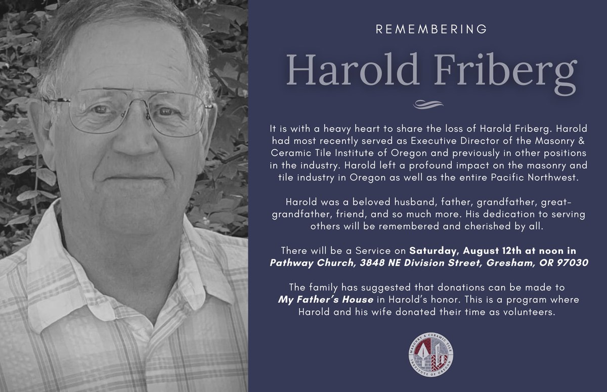 Today, we honor and remember Harold Friberg. A dedicated individual who contributed immensely to the masonry &amp; tile industry. His passion, hard work, and unwavering commitment will always be cherished.