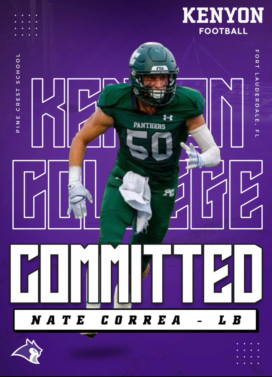 I am super excited to announce that I will be furthering my academic and athletic career at Kenyon College. I want to thank my family, coaches and teammates for always pushing me to be my best and supporting me!💯 #PurpleReign #finishthedrill <a href="/PineCrestFB/">Pine Crest Football</a> <a href="/KenyonFootball/">Kenyon Football</a>