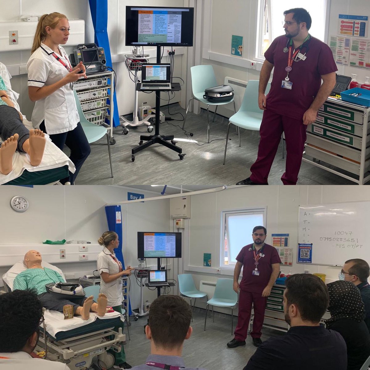 EDtherapistsUHL's tweet photo. Introducing ED therapy role and our MDT-Frailty Emergency Squad(FES) service to the new ED junior doctors at their induction last week. Thanks @OTSelinaH @PereiraSachaM &amp; Hattie💚💙Promoting Collaboration! @uhltherapy @SandraSpeller1 @AcuteFrailty @Leic_hospital 
@LRIEDEducation https://t.co/M8VhXlfNnQ