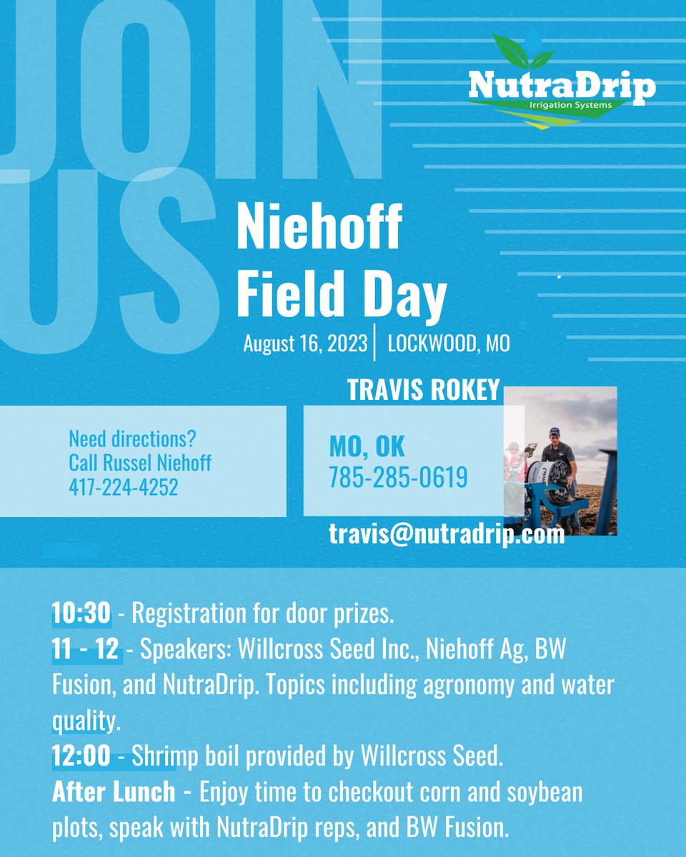 NutraDrip's tweet photo. Join us on August 16th for the Niehoff field day and enjoy an opportunity to hear more about drip irrigation!

#nutradrip #dripirrigation #netafim #growmorewithless  #irrigation #dripsystem #irrigationsystem #agriculturalirrigation #agricultureworld #agtech https://t.co/LXlU1ajISw