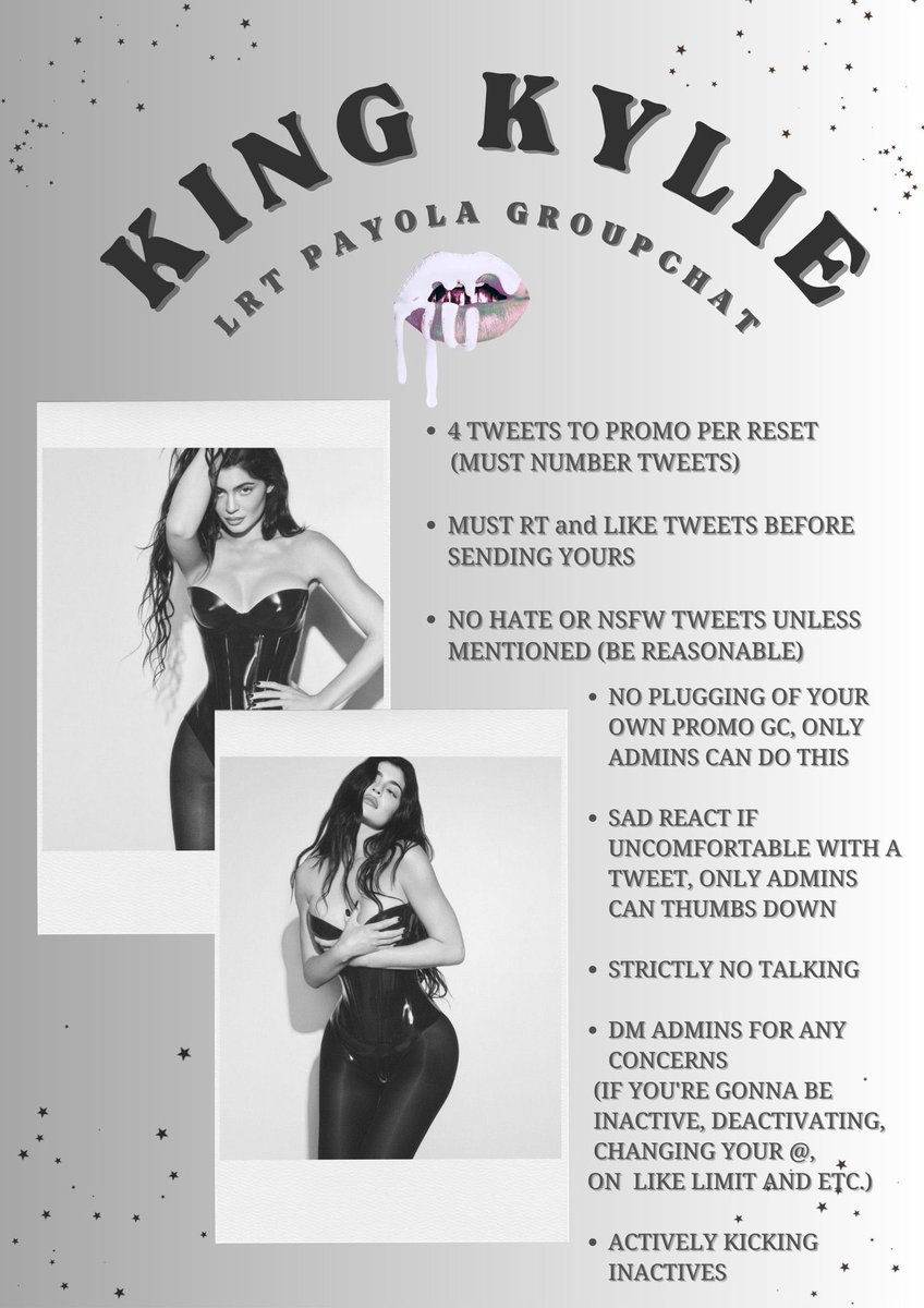 KING KYLIE PAYOLA PROMO GC IS RECRUITING ACTIVE MEMBERS 

50+ LIKES &amp; RT’s GUARANTEED!

• MBF <a href="/KingKyLikes/">KING KYLIE LIKE & RETWEET</a>  and ALL admins (check bio)

• RT &amp; reply your @ to be added

• NO hate/slander/ratio tweets allowed

• We are a LIKE &amp; RETWEET payola which means you have to do both