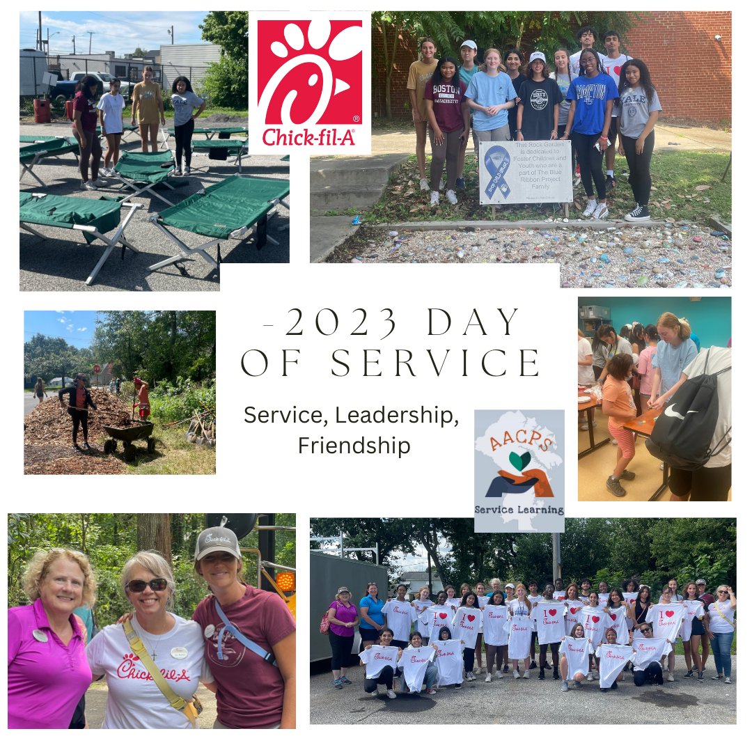 29 students and 6 adults served others. They cleaned cots at Arundel House of Hope, made musical instruments and enjoyed a CFA lunch at Gigi's Playhouse, cleaned trails at Chesapeake Children's Museum, and added rocks to a garden at Blue Ribbon Project. Woohoo, <a href="/ChickfilA/">Chick-fil-A, Inc.</a>!