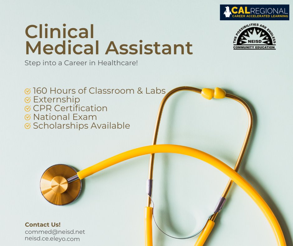 Get in the back-to-school groove and start training for a career in healthcare! 🩺Clinical Medical Assistant classes start soon!
Our Adult Education department is also offering scholarships! 🥳
Register on our website to receive updates! 
tinyurl.com/397j25mt
#theNEISDway
