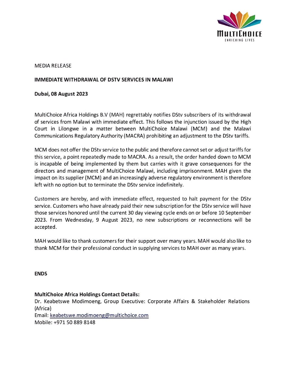 AfricaFactsZone's tweet photo. DStv is shutting down its operations in Malawi, after the country's regulator blocked them from increasing prices via court. https://t.co/NEbvgX9YQU