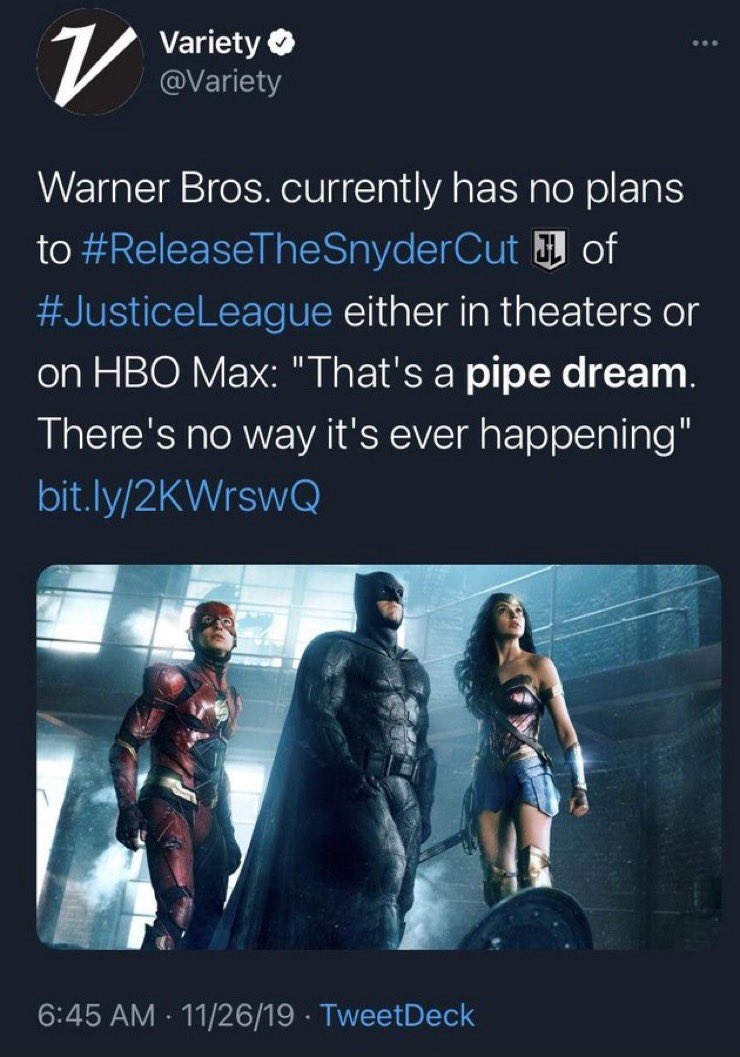 Scenario #1: James Gunn is a liar 

Scenario #2: Variety is lying because they said the Snyder Cut was a pipe dream. 

Scenario #3: Whoever told them this is mistaken.

Scenario #4: WB is a mess

You pick. 
#WonderWoman3 
#RestoreTheSnyderVerse 
#SellSnyderVerseToNetflix