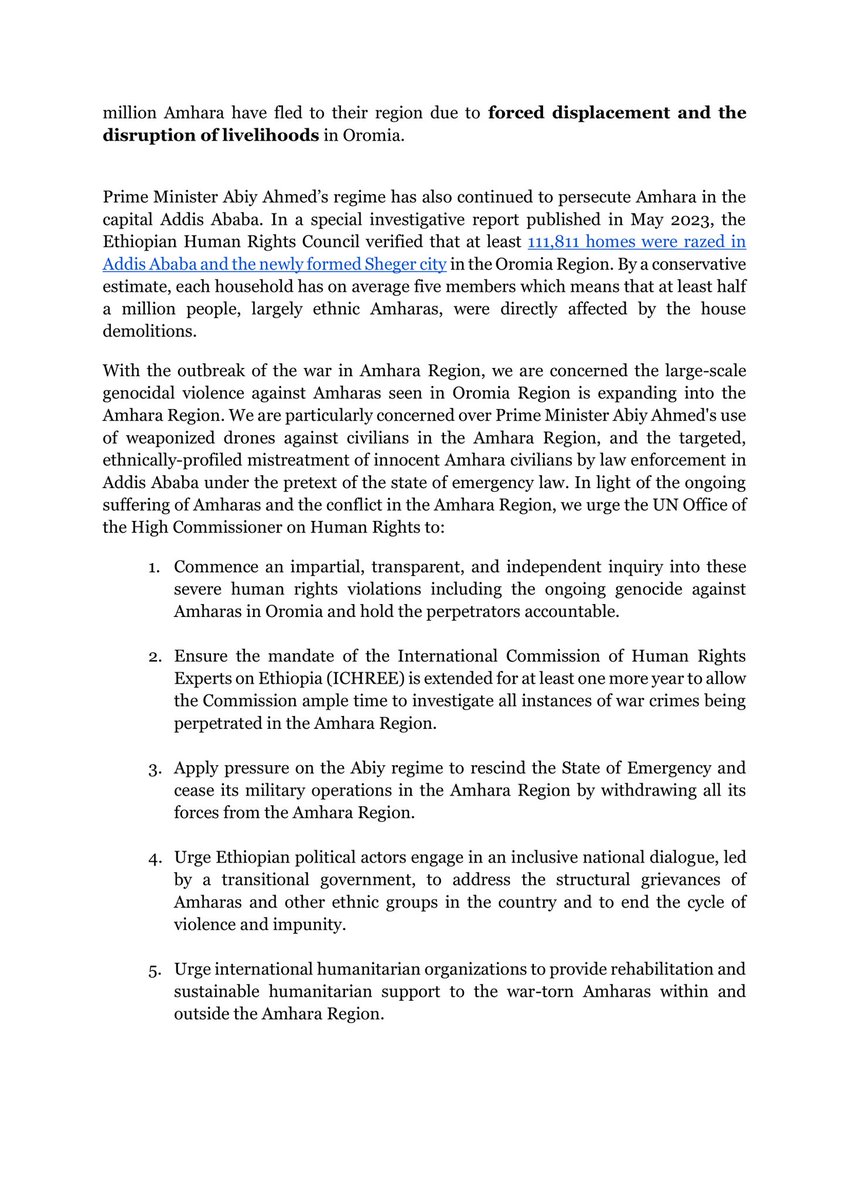 AAA_Amhara's tweet photo. 📢Letter to @volker_turk @UNHumanRights to ensure mandate of International Commission of Human Rights Experts on Ethiopia (ICHREE) is extended for at least one more year to allow the ICHREE ample time to investigate all instances of war crimes being perpetrated in Amhara Region. https://t.co/13kXo5jbLo