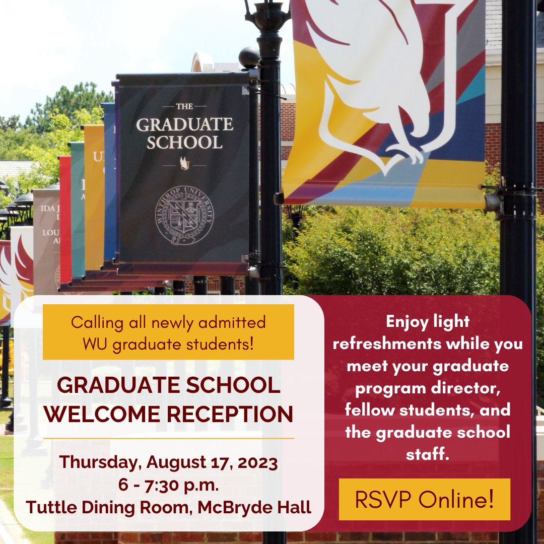 WinthropGrad's tweet photo. ✨On Thurs. 8/17 we will be hosting a GA Job Fair for all current WU graduate students from 5-6 pm &amp; a Welcome Reception just for newly admitted students from 6-7:30 pm.
 
No RSVP needed for the GA Fair, but we ask that  Welcome Reception attendees RSVP at https://t.co/EHXjOKlRpy https://t.co/3RpaRBOC8N