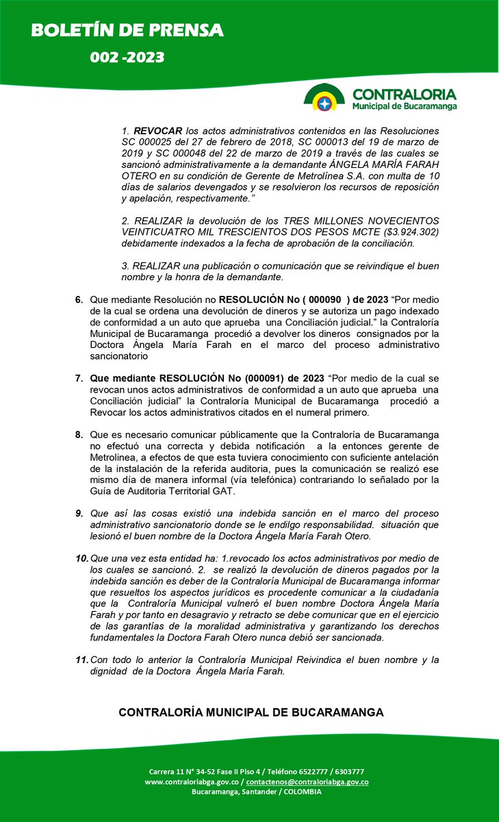 📣La <a href="/ContraloriaBga/">ContraloríaBga</a> informa a la ciudadanía, que del resultado del acuerdo conciliatorio con la Dra. Ángela María Farah Otero y la entidad, avalado a través del auto del día 16/06/23 del Juzgado 1º Adtvo Oral del Cto Judicial de Bmanga procede a expedir el siguiente comunicado: