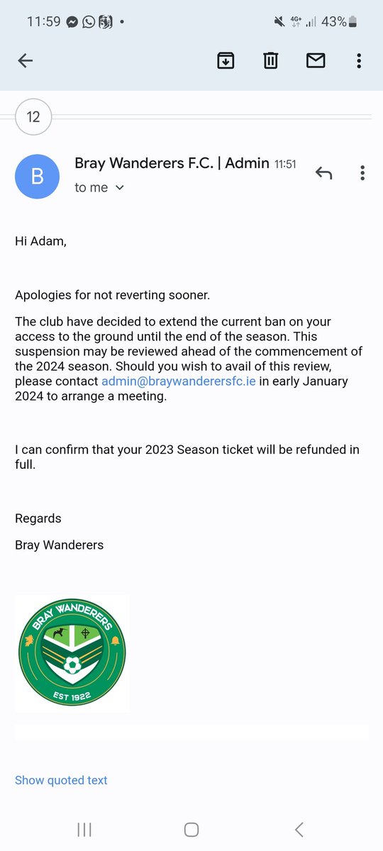 Totsy96's tweet photo. Ive been a supporter for 20+ years of Bray. I got banned cause I "supposedly" was talking about the chairman and blamed for other people's social media posts. 🤣🤣 Thankfully got my money back without waiting 3months for a response 🤣 @BrayWanderers #savebray https://t.co/18Pb6wQ9Oj