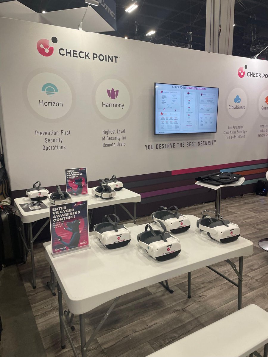 CheckPointSW's tweet photo. We’re ready for #BHUSA Day 2! 🎉 Stop by booth #3040 to check out a demo, chat with our experts, and enter our VR cyber awareness contest. https://t.co/56yni2J3zn https://t.co/yrxBhBC34R